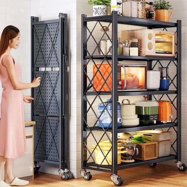 4-Tier Foldable Kitchen Rack with Wheels 71x34x160cm