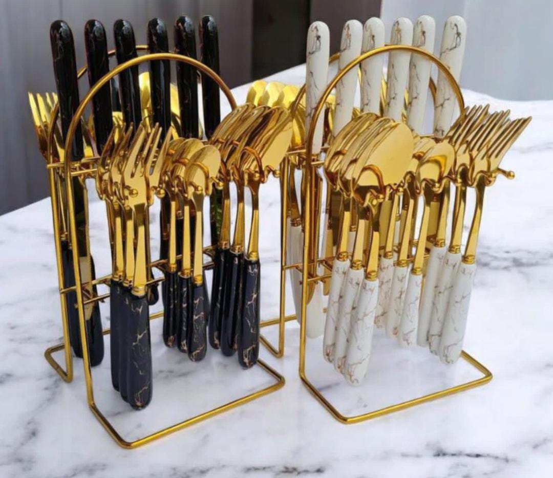 24-Piece Marble Gold Cutlery Set with Gold Holder