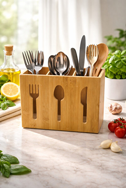 Bamboo Cutlery Holder, 3 Compartment