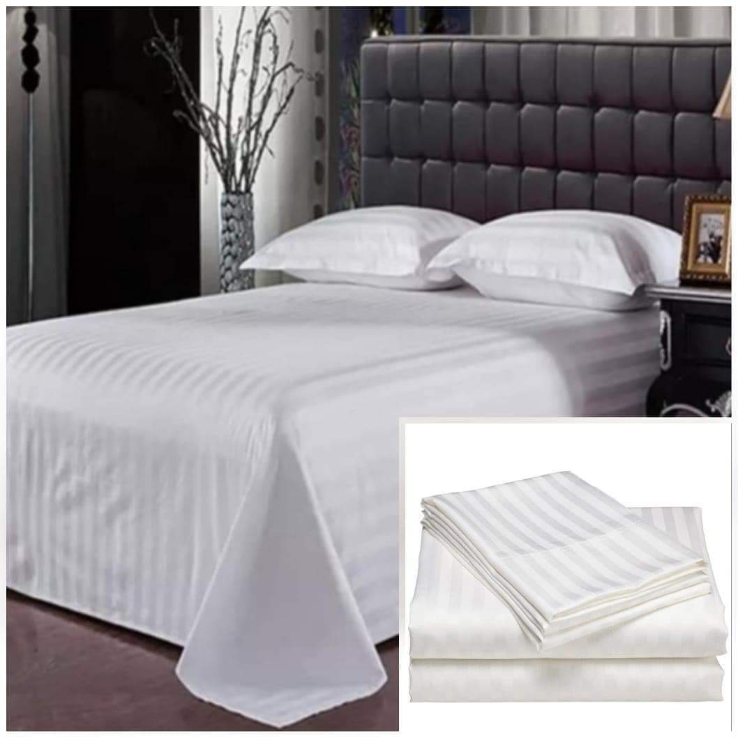 Plain White Cotton Bedsheet Set with Satin Line