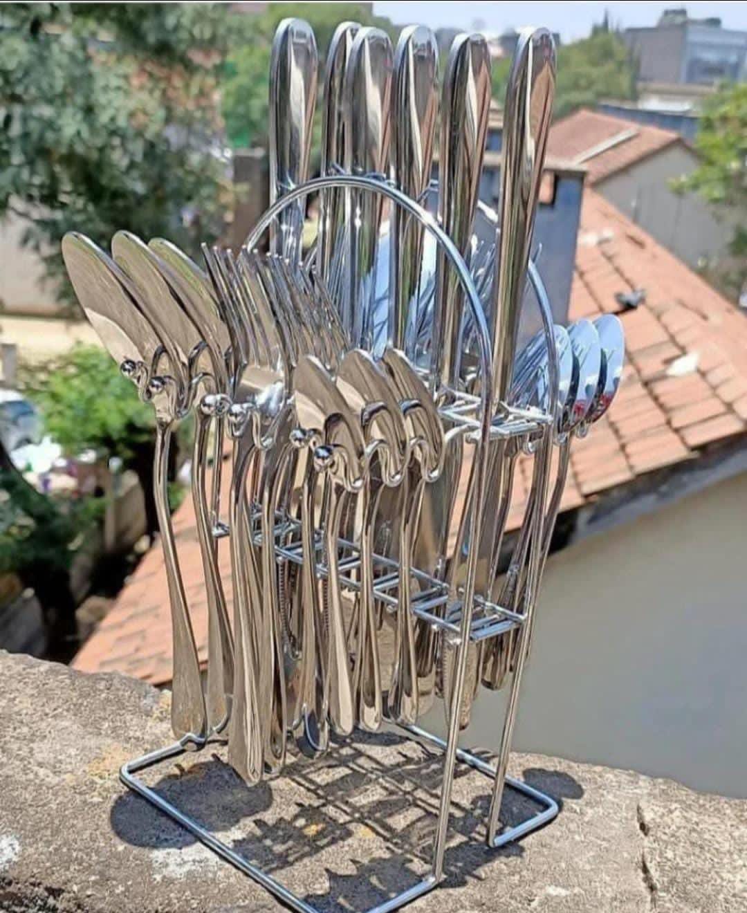 24-Piece Silver Cutlery Set with Stainless Holder