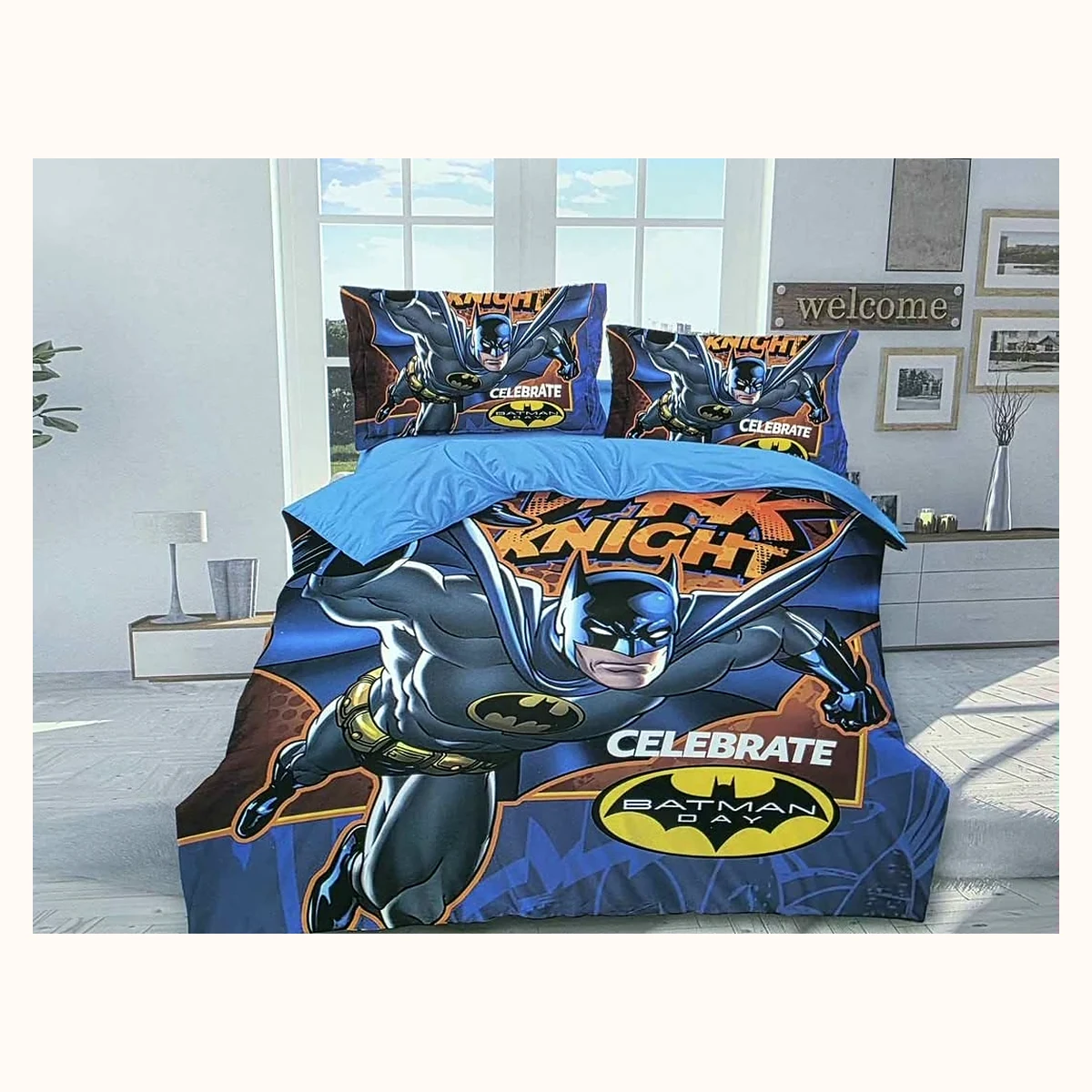 Kids Character Comforter, Bat-Themed Blue Design
